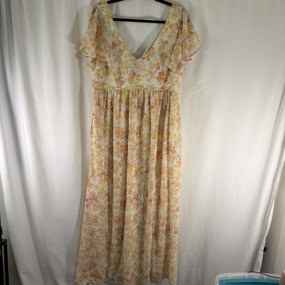 Birdy Grey Maxi Dress Women XXL Yellow Floral Vneck Zip Back Short Sleeve Pocket